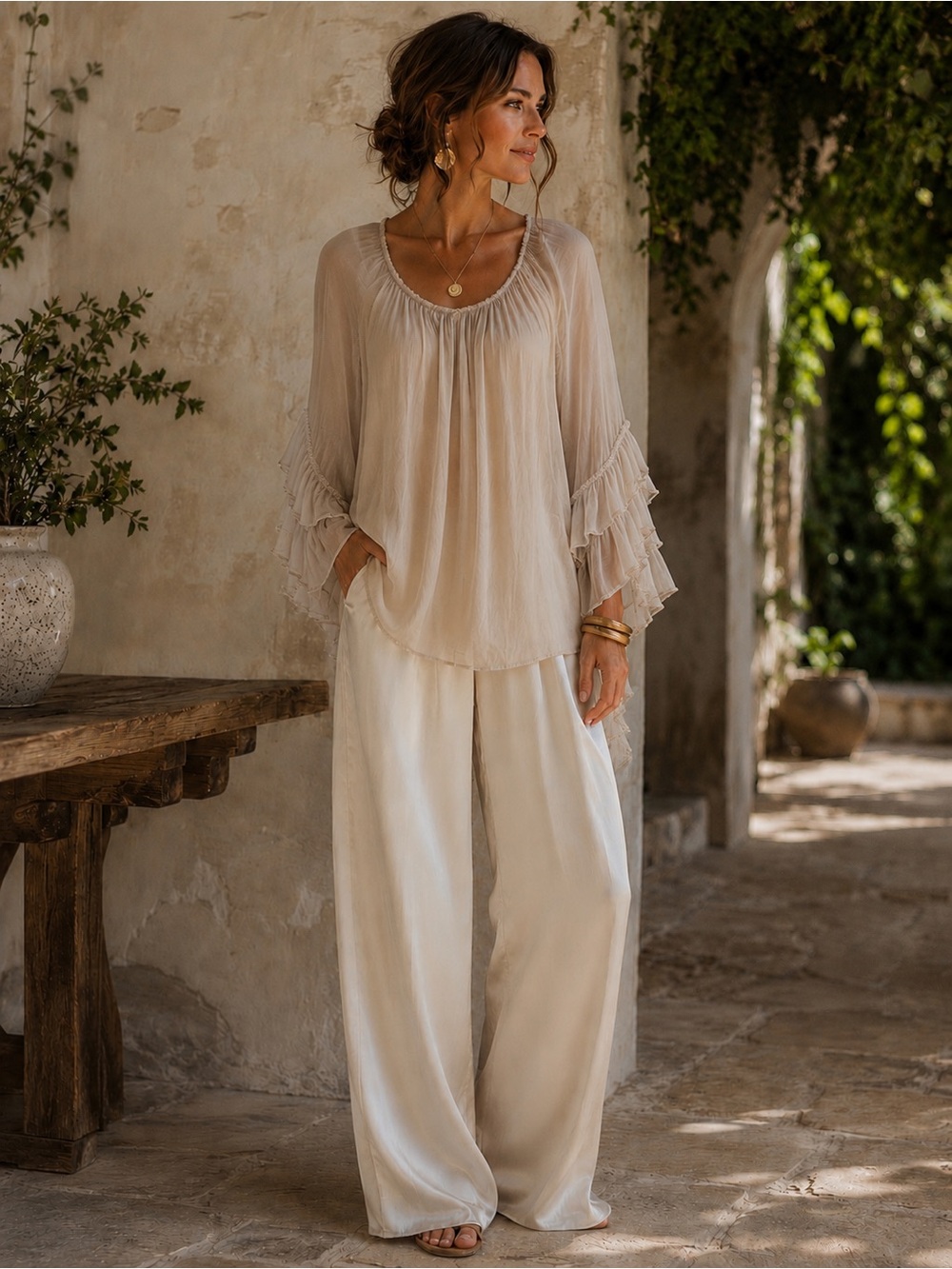 CobblestoneI Italian Silk Blend Boho Peasant Top Lagenlook Romantic Cottagecore
